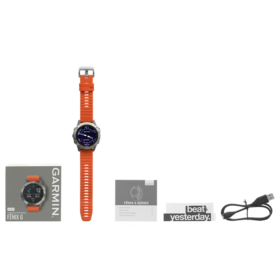 Đồng Hồ Thông Minh Garmin Fenix 6 Pro Dây Silicone Viền Titanium Màu Cam