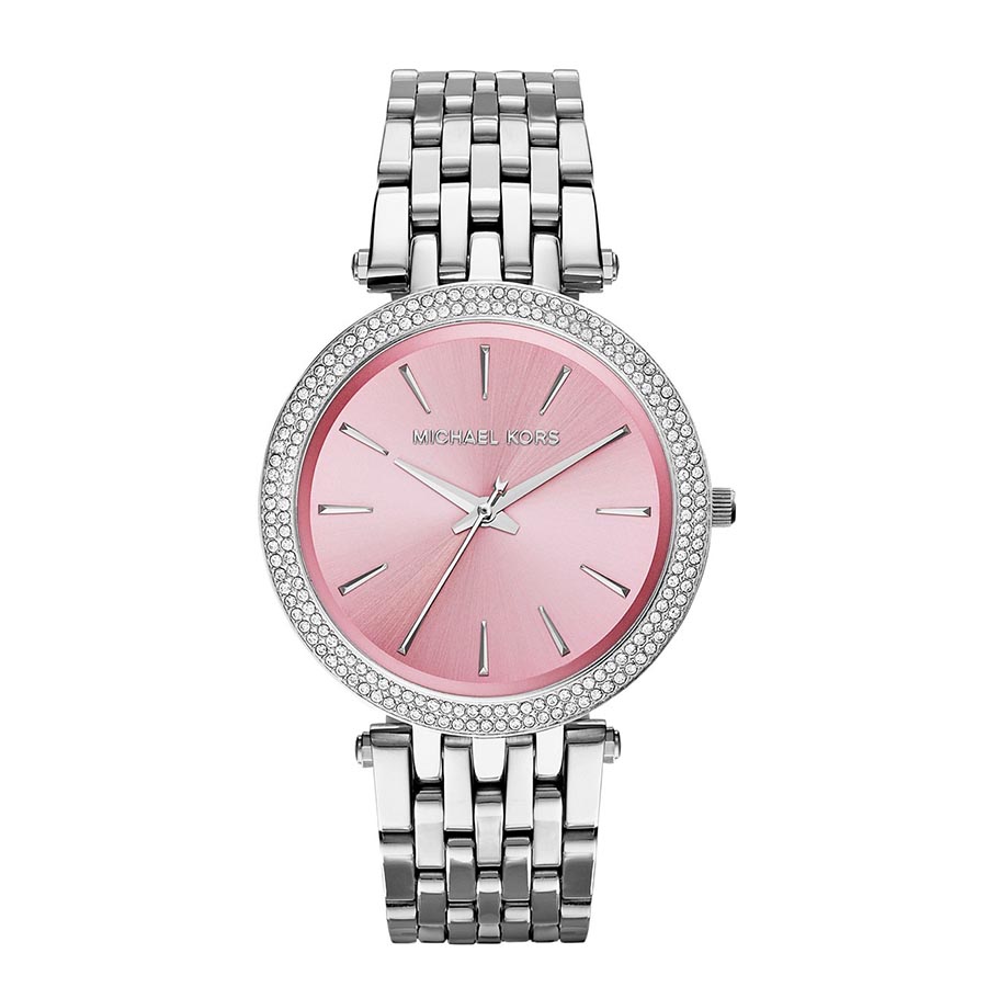 Đồng Hồ Michael Kors Nữ MK3352 Dây Kim Loại Bạc Mặt Hồng Viền Đính Full Đá 38mm