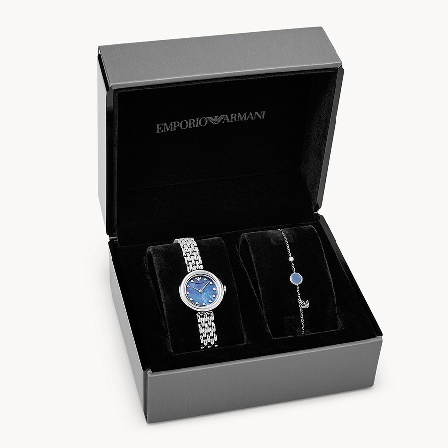 Set Đồng Hồ Nữ Emporio Armani Rosa Quartz Crystal Blue Dial Ladies Watch AR80051 Màu Xanh