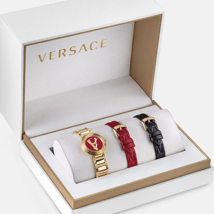 Đồng Hồ Nữ Versace Versus Virtus Mini Duo Watch 28mm Màu Vàng Mặt Đỏ + 2 Dây Da