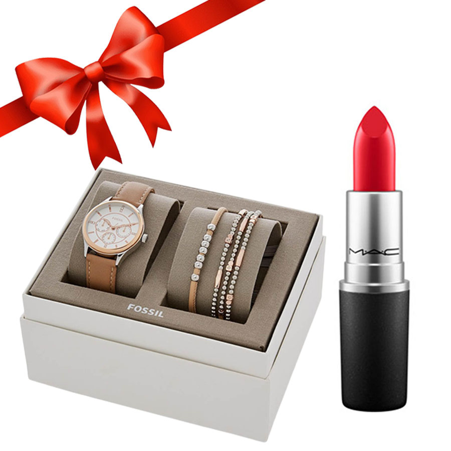 Combo Set Đồng Hồ Và Trang Sức Fossil Và Son MAC 811 Red Màu Đỏ Thuần Satin