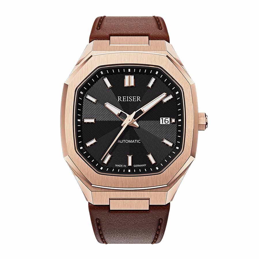 Đồng Hồ Nam Reiser Alpen Date Rose Gold Leather Strap Màu Vàng Mặt Đen