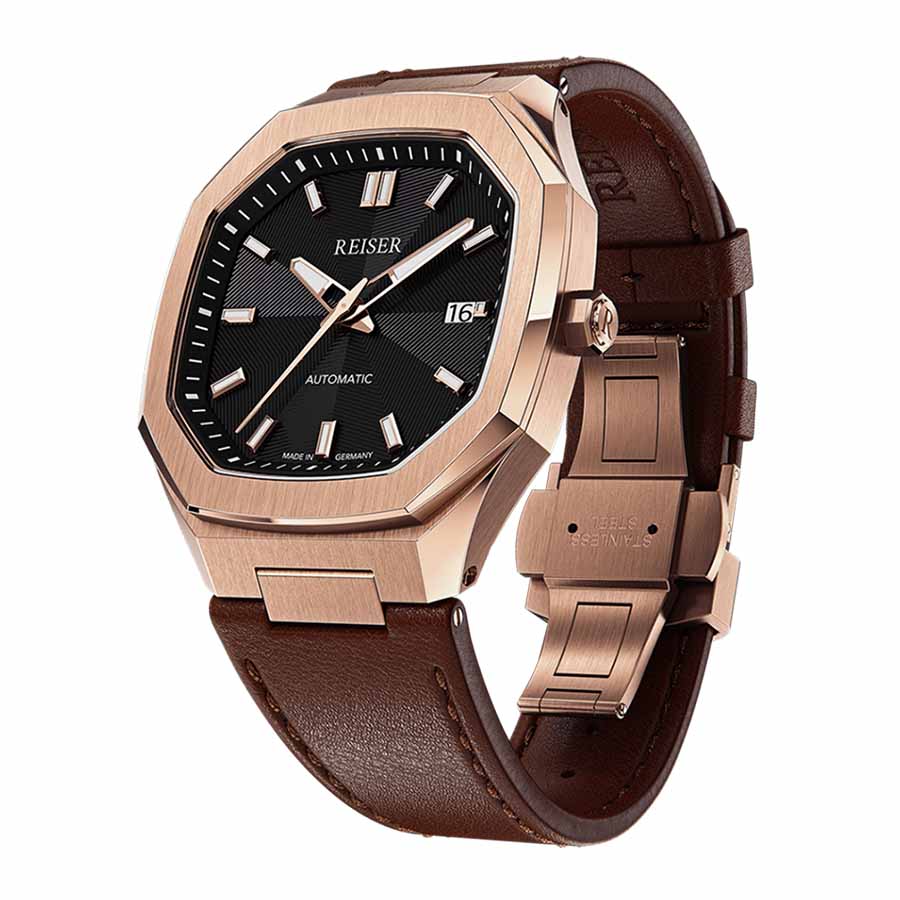 Đồng Hồ Nam Reiser Alpen Date Rose Gold Leather Strap Màu Vàng Mặt Đen