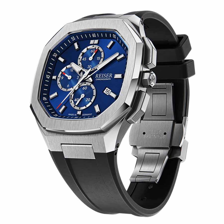 Đồng Hồ Nam Reiser Alpen Chrono Leather Strap Màu Xám Mặt Xanh Navy