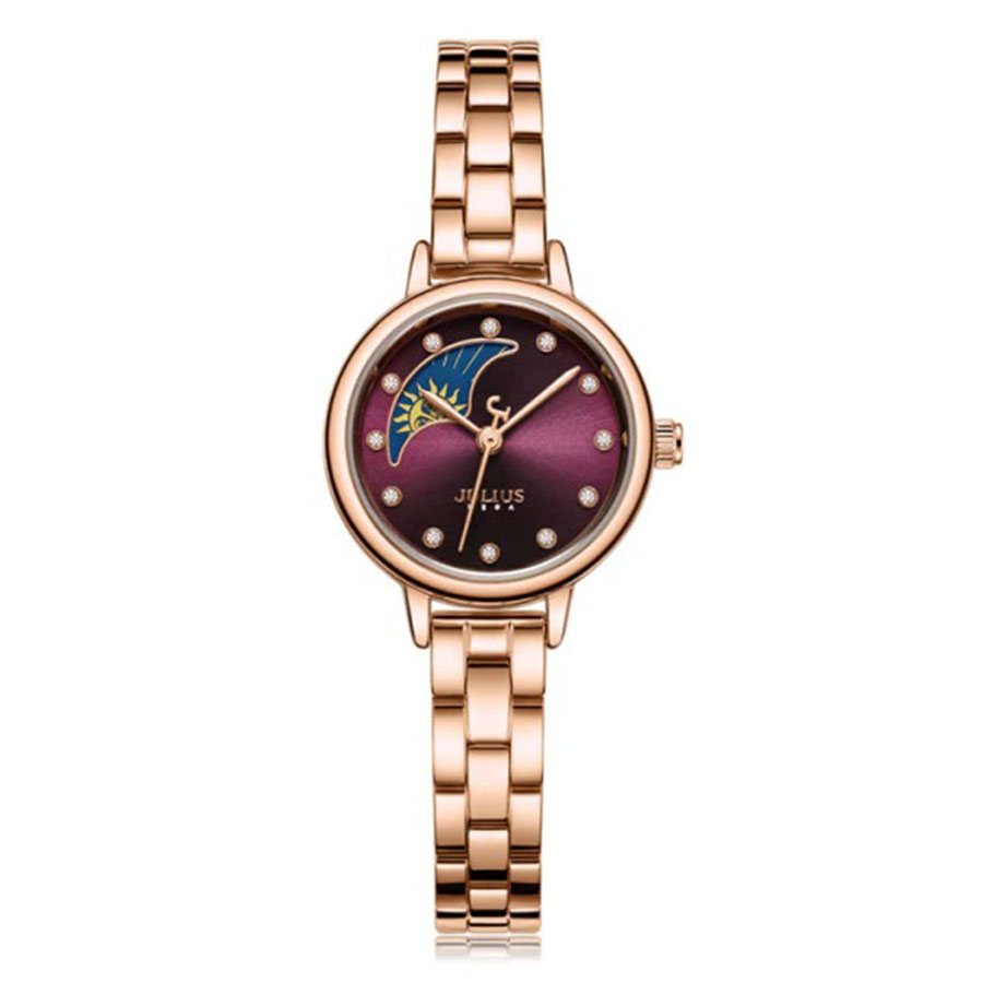 Đồng Hồ Julius JA-1157 Nữ Moonphase Miltifuctional Staineless Màu Đồng Mặt Tím
