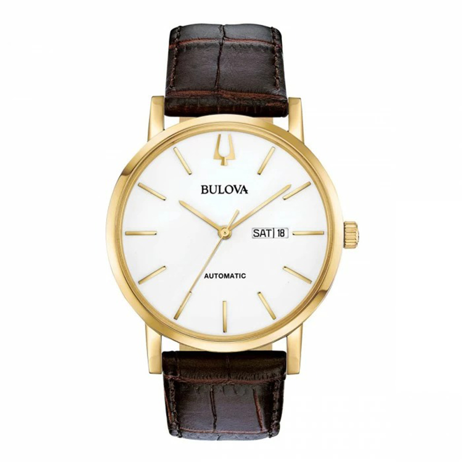 Đồng Hồ Nam Bulova 97C107 Nam Máy Cơ Lịch Ngày 42mm Màu Nâu Mặt Trắng