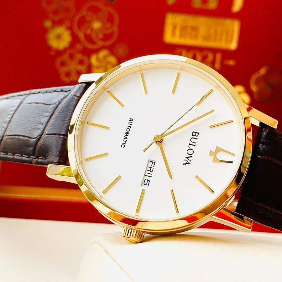 Đồng Hồ Nam Bulova 97C107 Nam Máy Cơ Lịch Ngày 42mm Màu Nâu Mặt Trắng