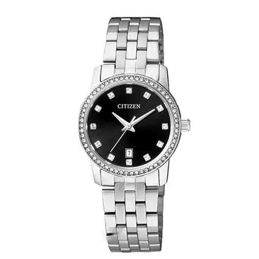 Đồng Hồ Citizen Quartz Swarovski Ladies Black Steel - EU6030-56E Cho Nữ