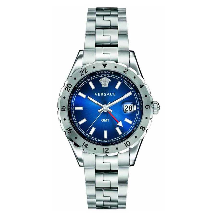 Đồng Hồ Versace Hellenyium GMT Analog Display Swiss Quartz V11010015 42mm Màu Xanh Bạc