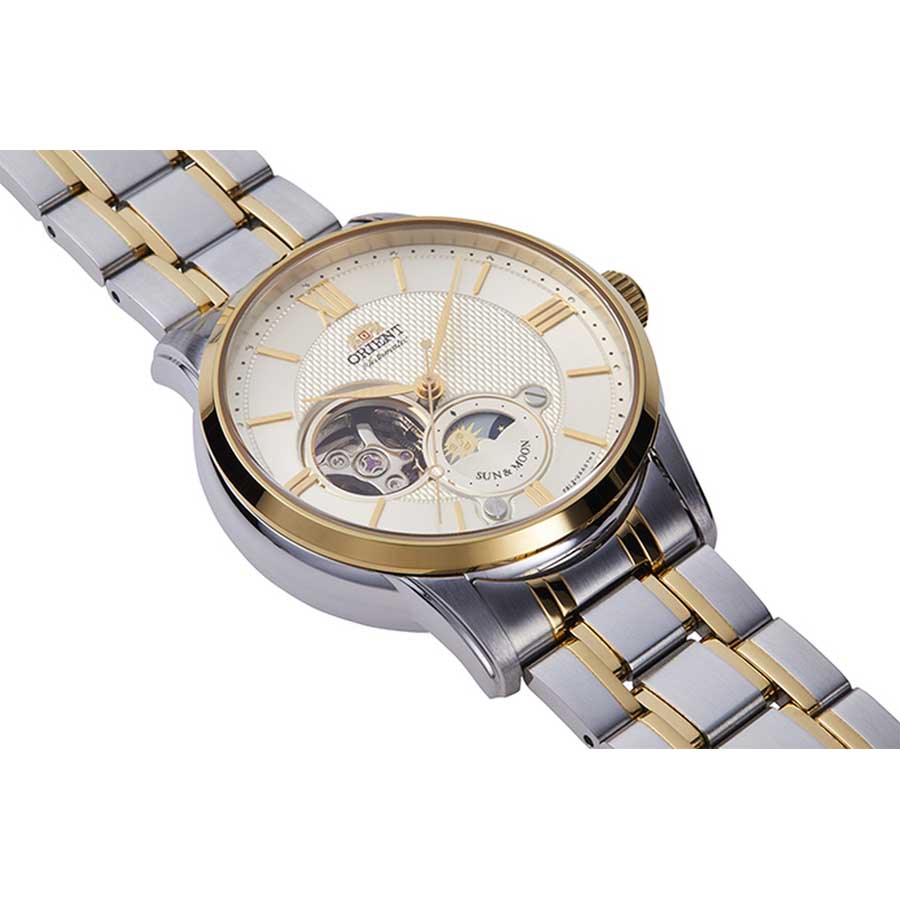Đồng Hồ Nam Orient  Sun And Moon Open Heart Demi Gold RA-AS0001S