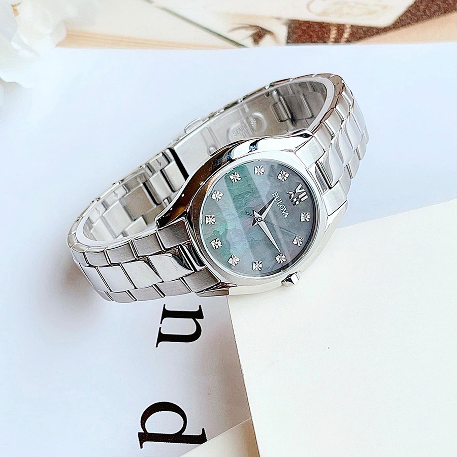 Đồng Hồ Nữ Bulova Diamond Accent Watch Màu Bạc Mặt Trắng Xà Cừ
