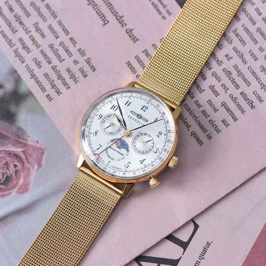 Đồng Hồ Nữ Zeppelin LZ 129 Hindenburg Moonphase 7039M1 Màu Vàng