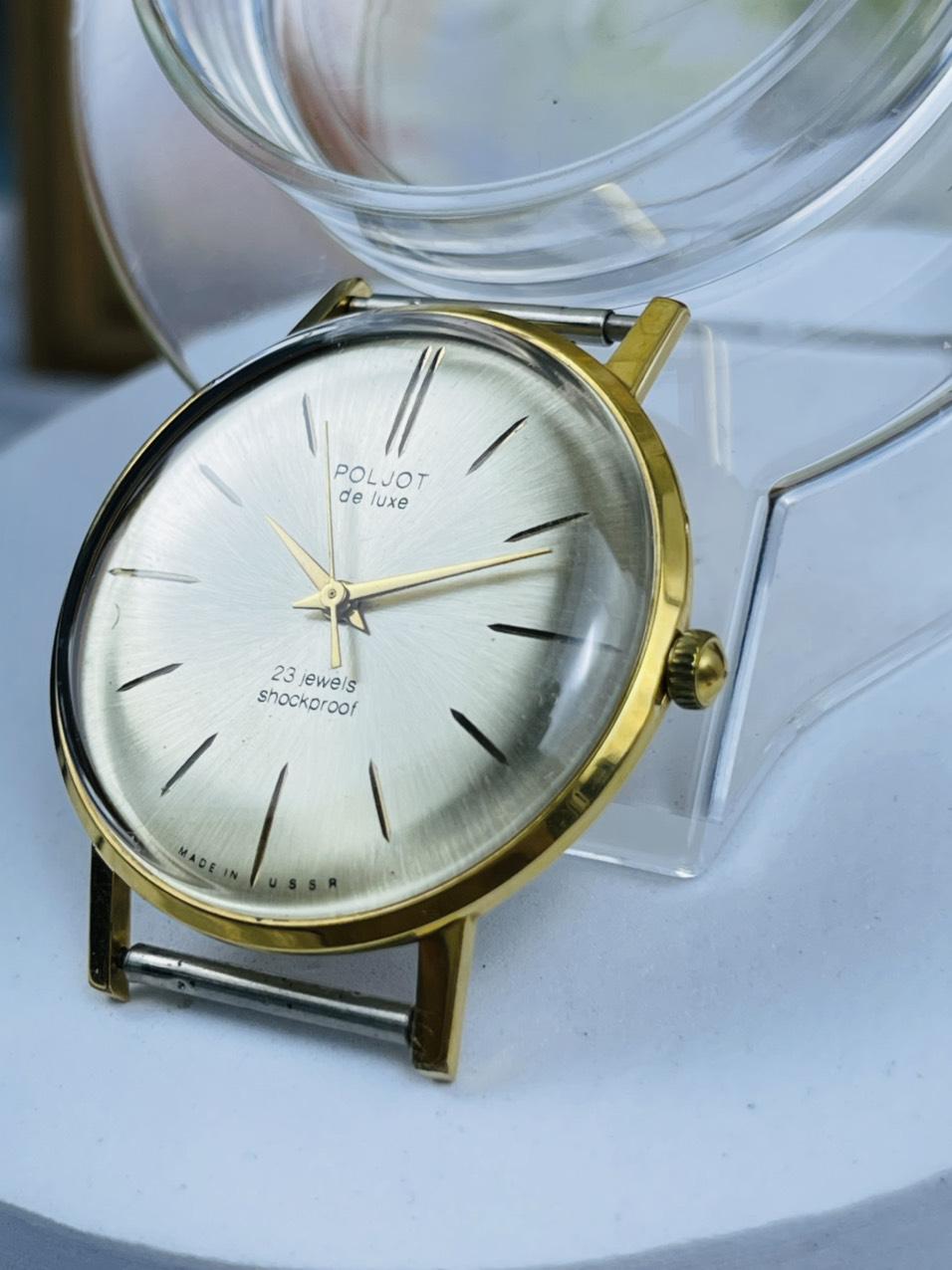 Đồng hồ Poljot 23 jewels mặt trắng 2 sọc, máy vàng 2209, bọc vàng Au20