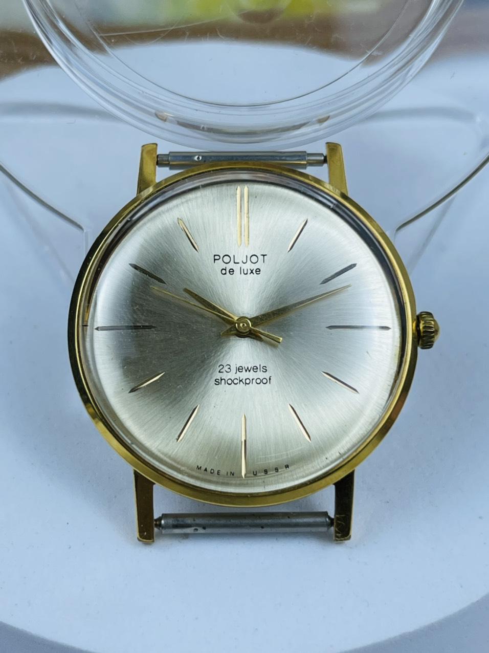Đồng hồ Poljot 23 jewels mặt trắng 2 sọc, máy vàng 2209, bọc vàng Au20