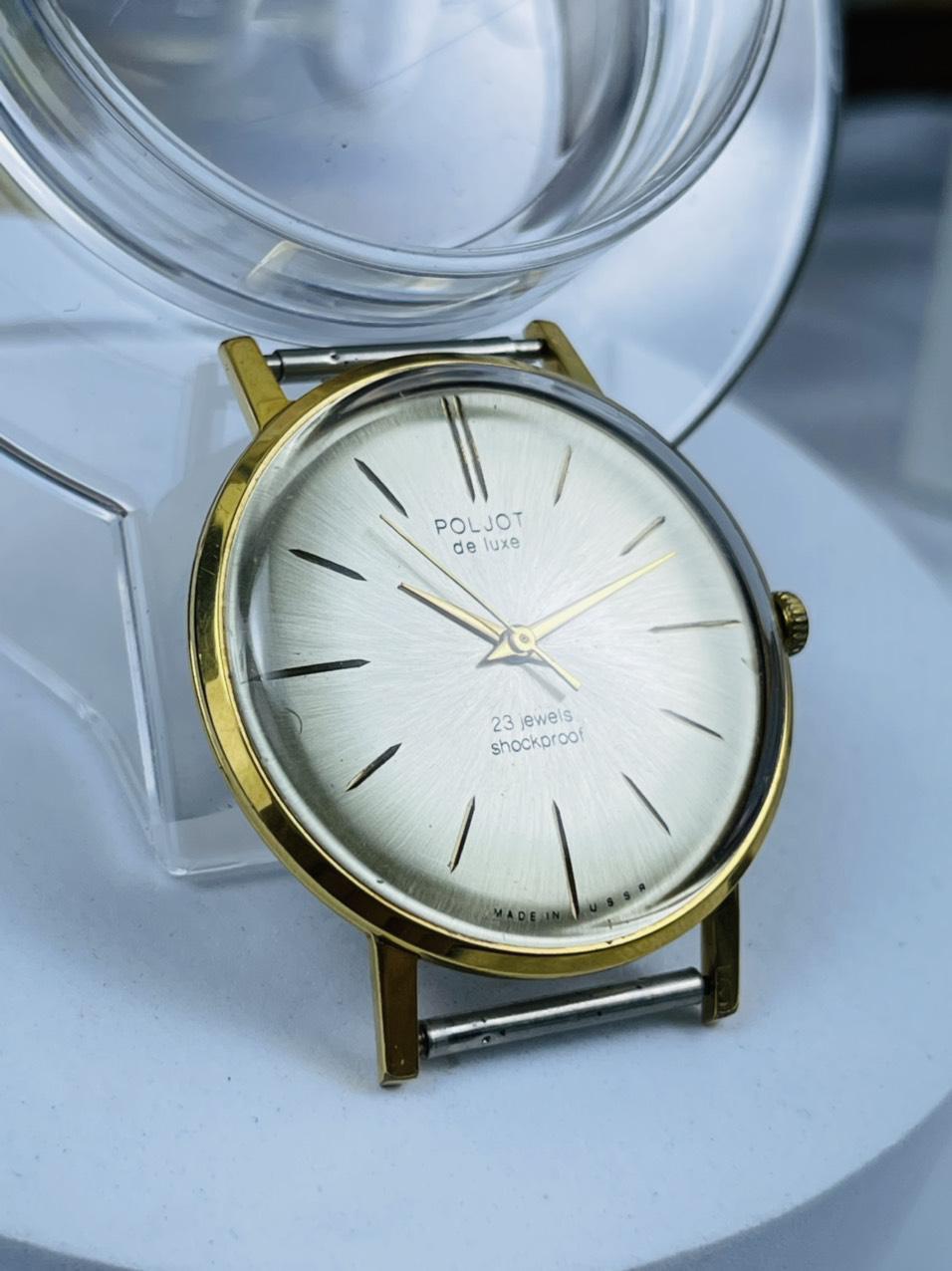 Đồng hồ Poljot 23 jewels mặt trắng 2 sọc, máy vàng 2209, bọc vàng Au20