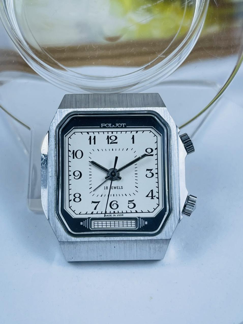 Đồng hồ Poljot chuông reo 18 jewels dáng tivi hiếm mặt trắng