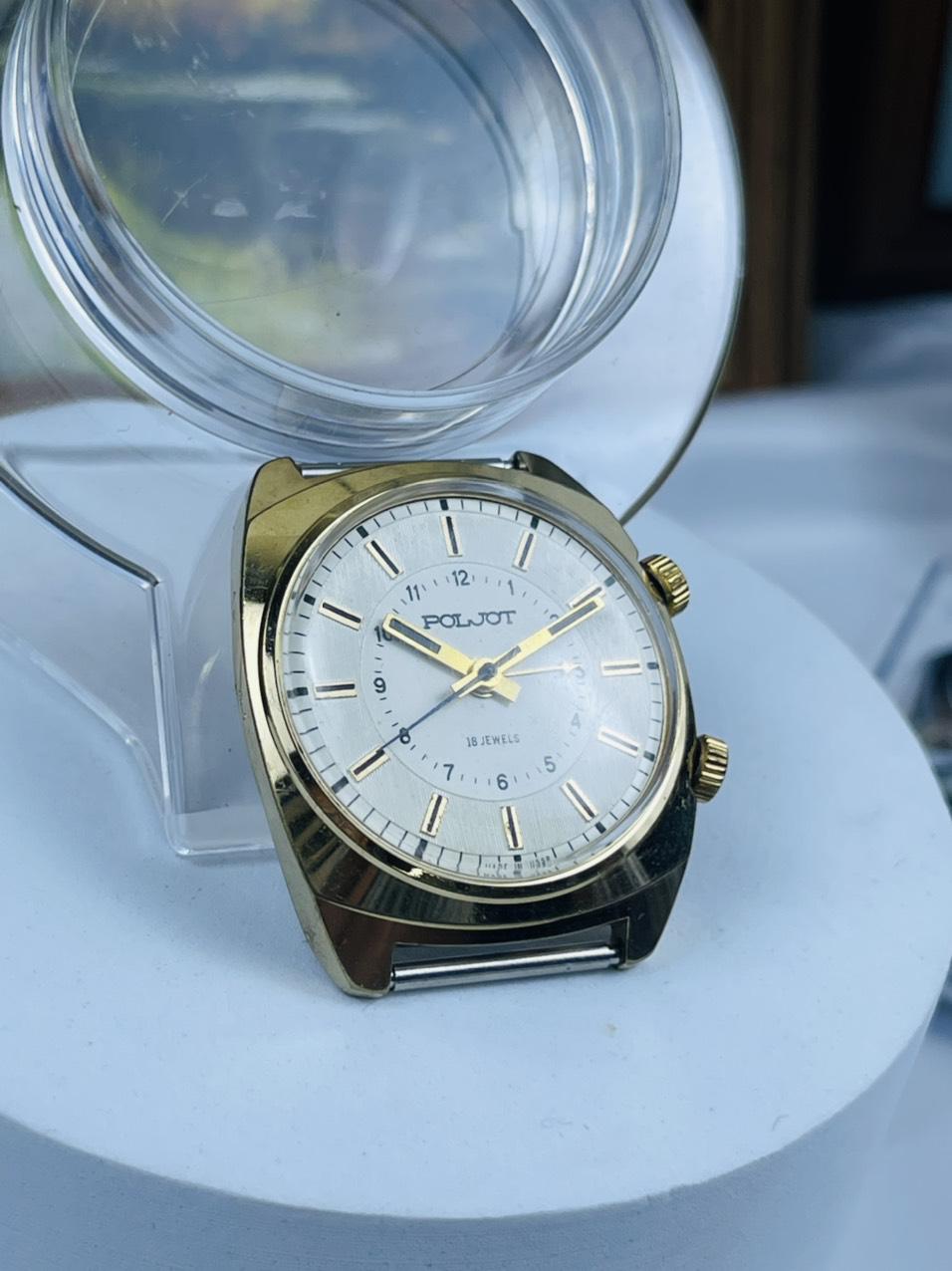 Đồng hồ chuông reo Poljot 18 jewels cọc số vạch bọc vàng AU