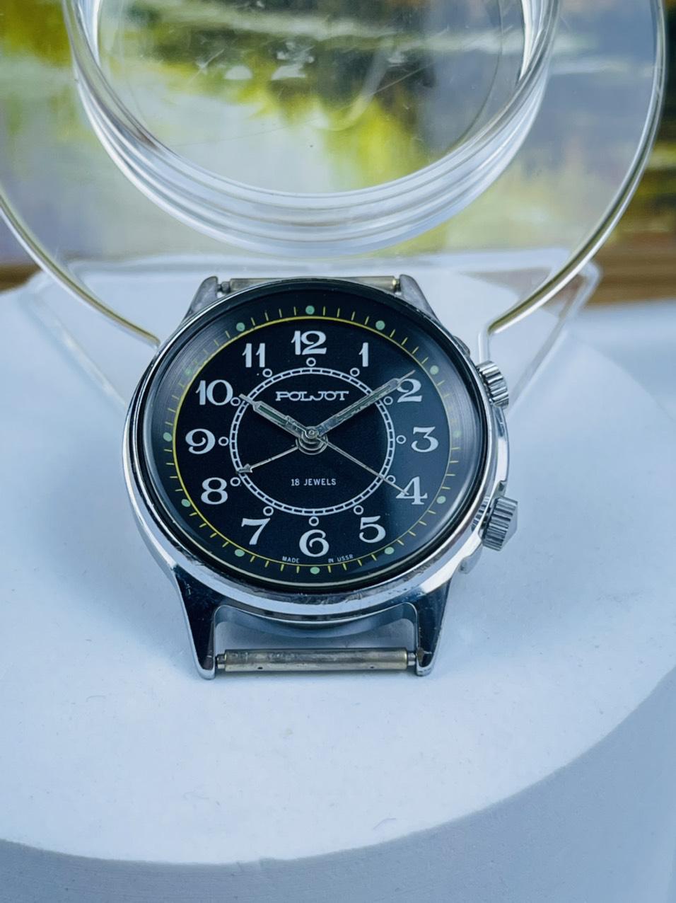 Đồng hồ chuông reo Poljot 18 jewels cọc số học trò mặt đen dạ quang