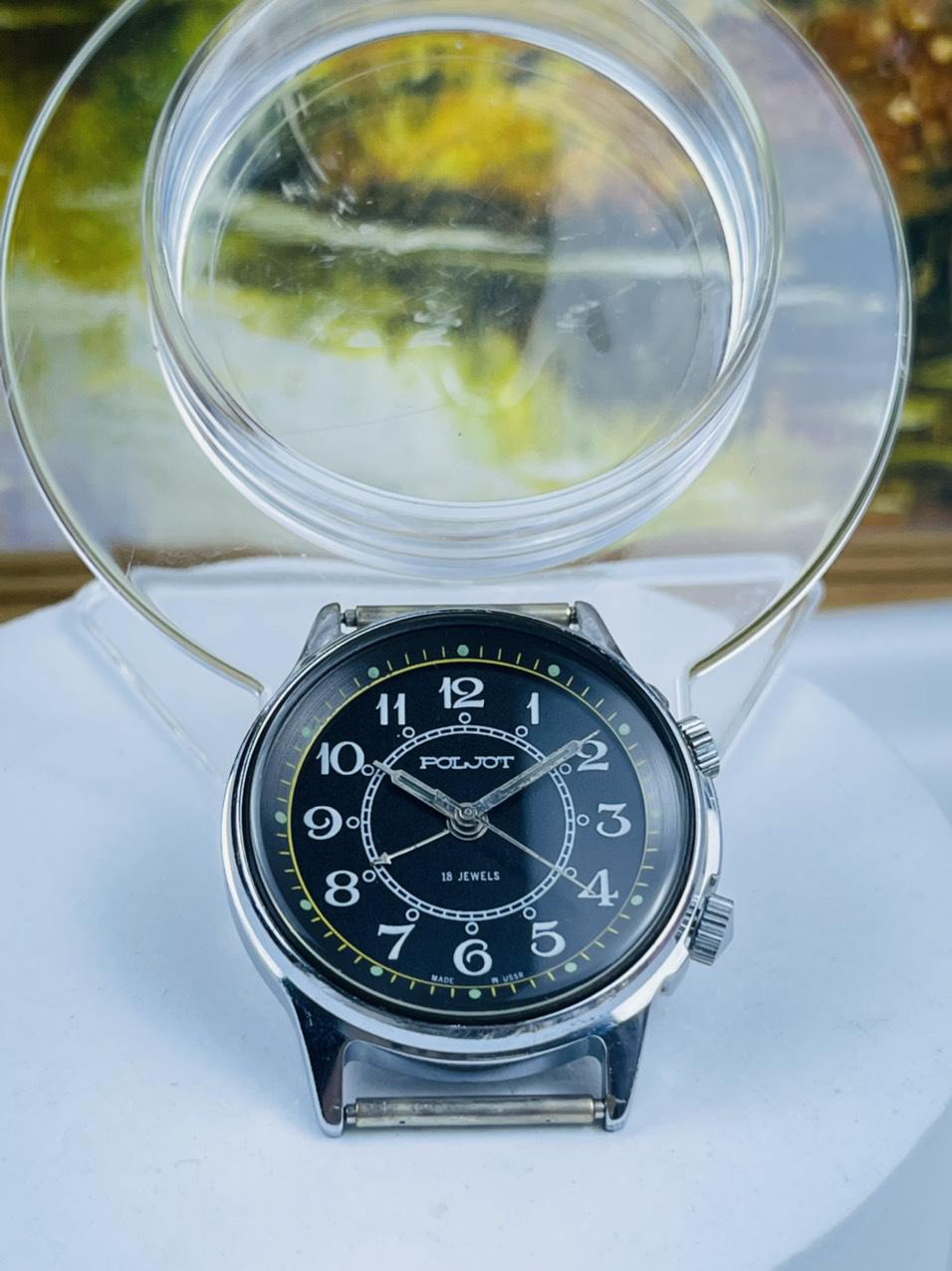 Đồng hồ chuông reo Poljot 18 jewels cọc số học trò mặt đen dạ quang