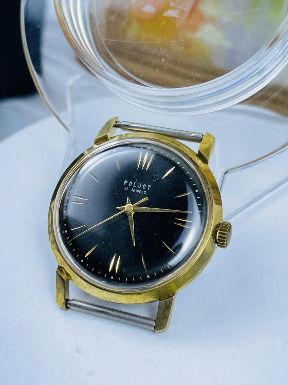 Đồng hồ Poljot 17 jewels máy cơ cót bọc vàng mặt đen bao công