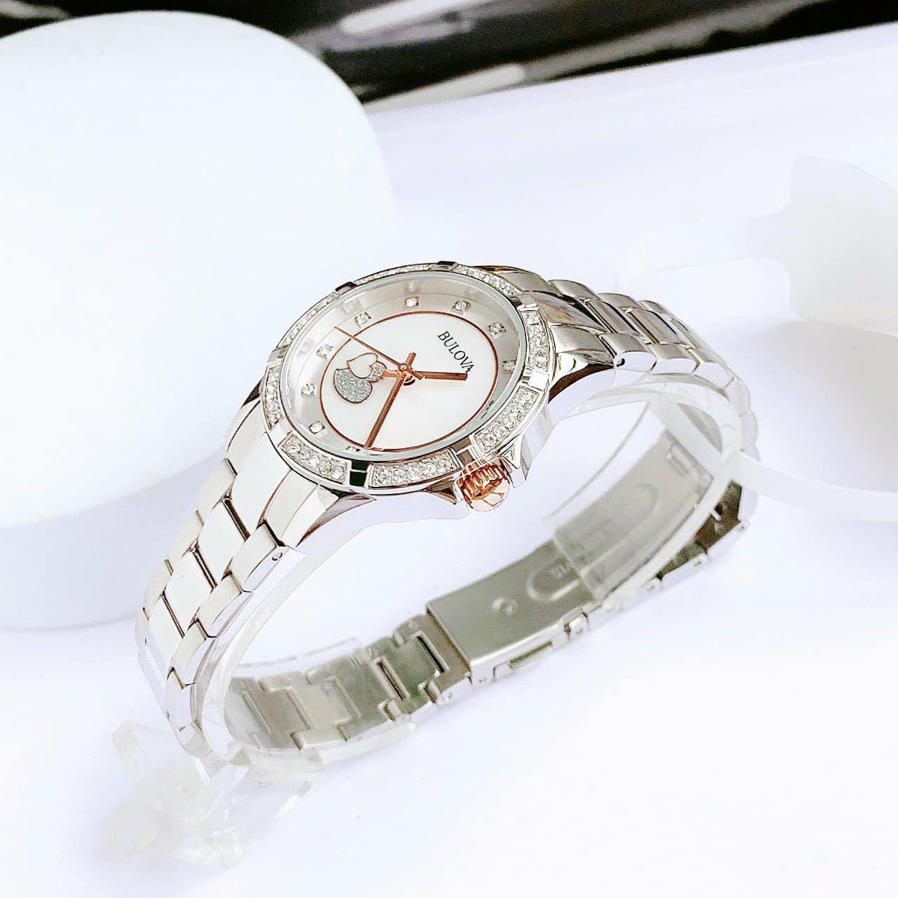 ĐỒNG HỒ NỮ BULOVA 98L232 QUARTZ SWAROVSKI CASE SILVER