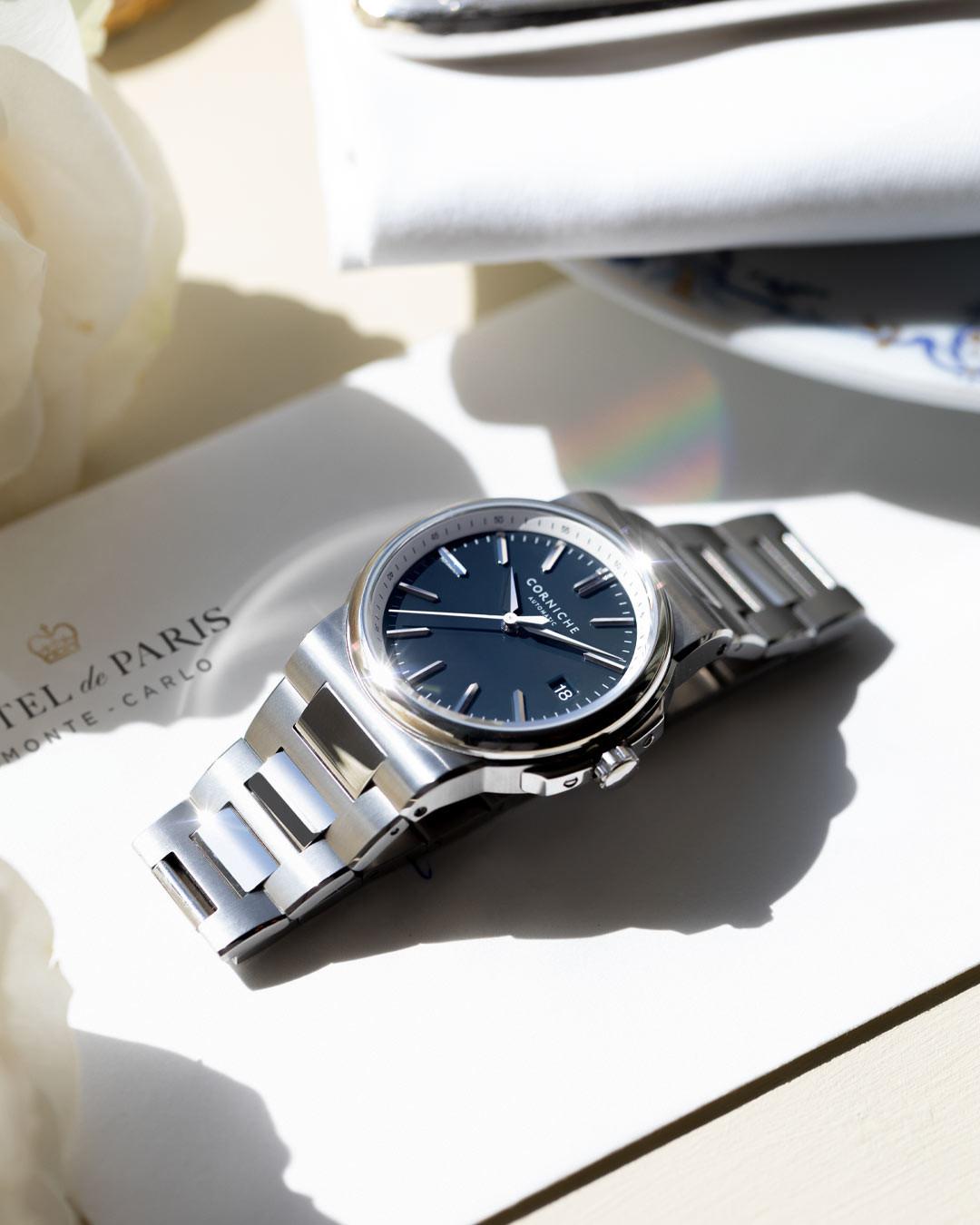 Đồng Hồ Nam Corniche La Grande Stainless Steel With Blue Dial