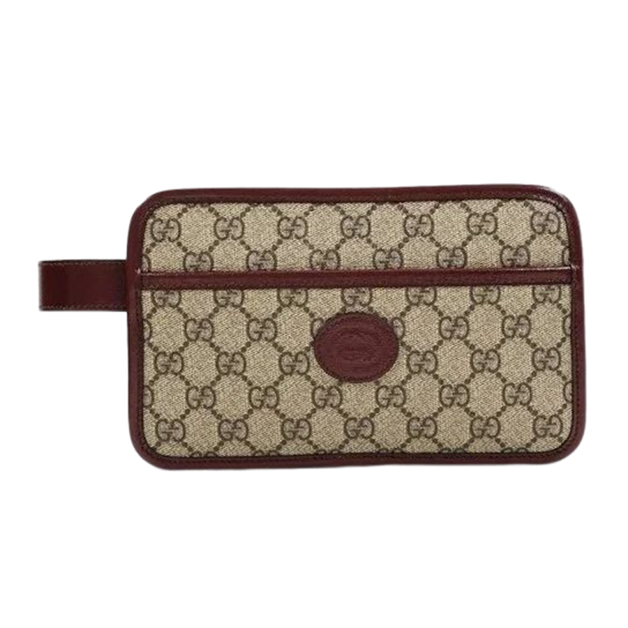 Túi Cầm Tay Nam Gucci GG Leather And Canvas Travel Pouch W/ Interlocking G In Red/Beige Màu Beige Viền Da Đỏ Mận