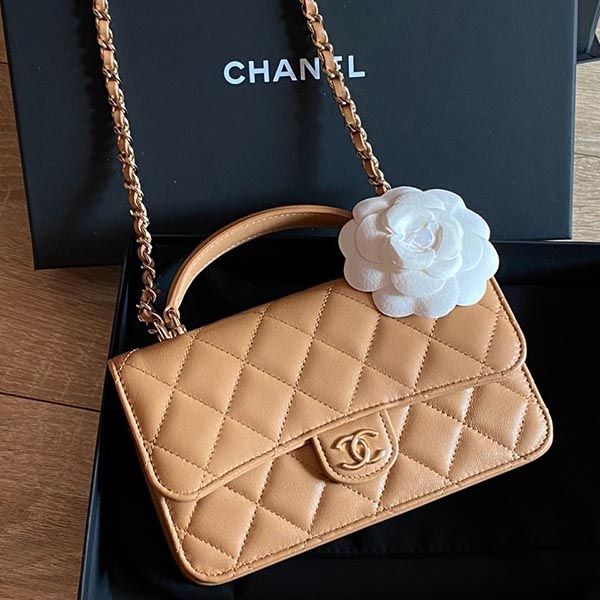 Túi Đeo Chéo Nữ Chanel Woc Handle Lambskin Màu Caramel