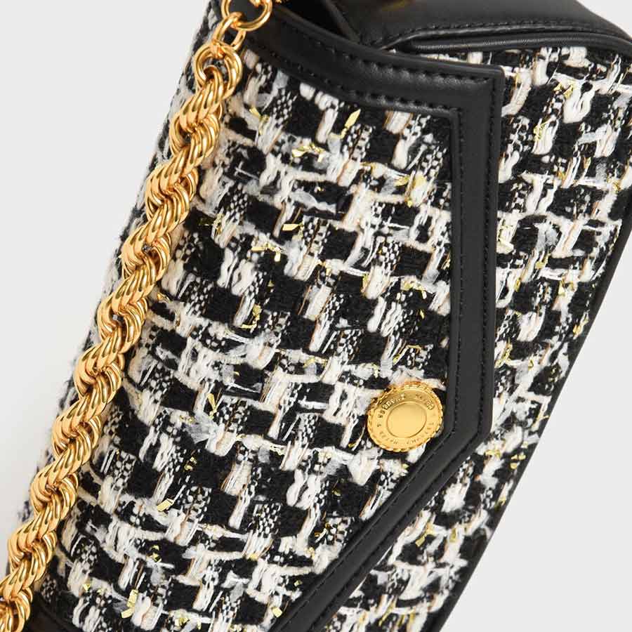 Túi Xách Nữ Charles & Keith CNK Este Tweed Chain Handle Bag Black CK2-80781789 Màu Đen Trắng