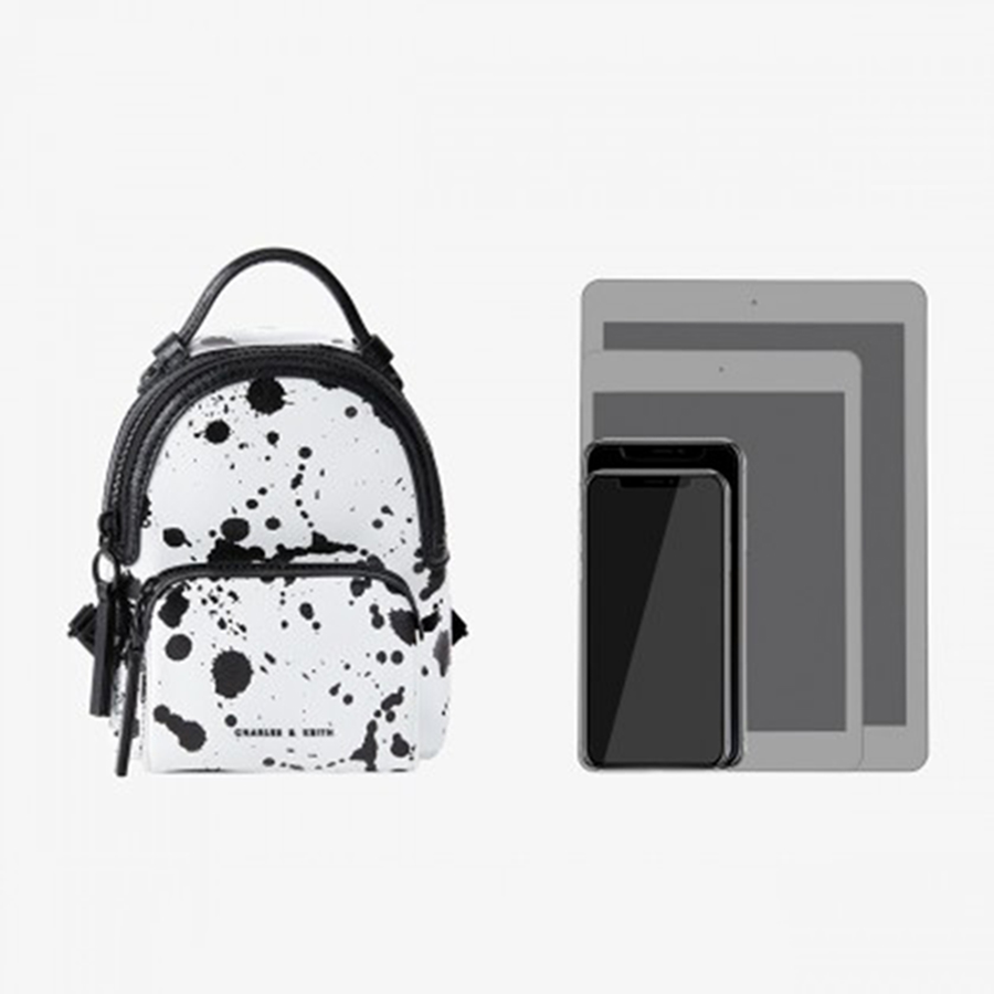 Balo Nữ Charles & Keith CNK Printed Double Zip Backpack CK2-60150928 Mini Màu Trắng
