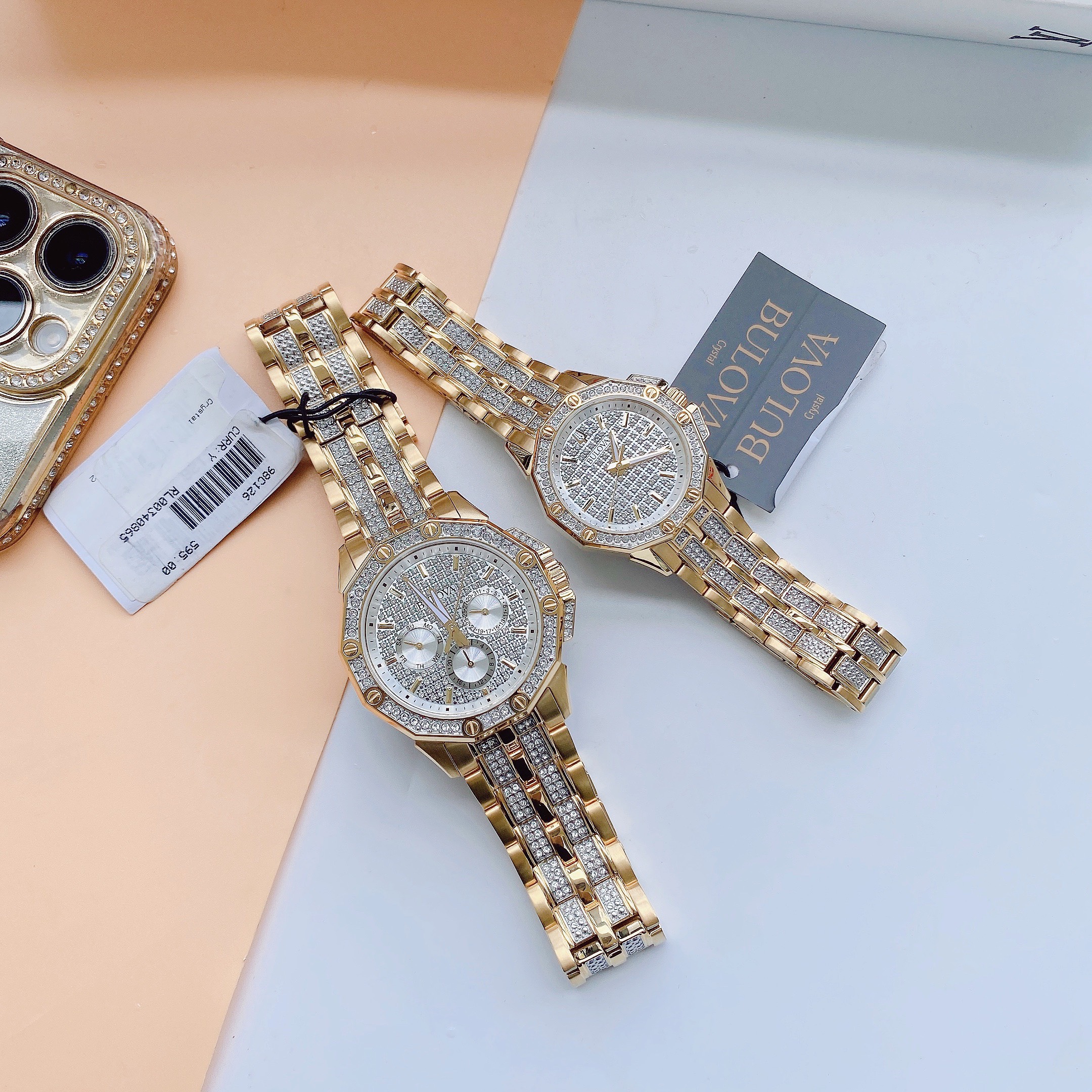 Đồng hồ Cặp đôi siêu hiếm Bulova tông gold đính full đá cực sang chảnh
