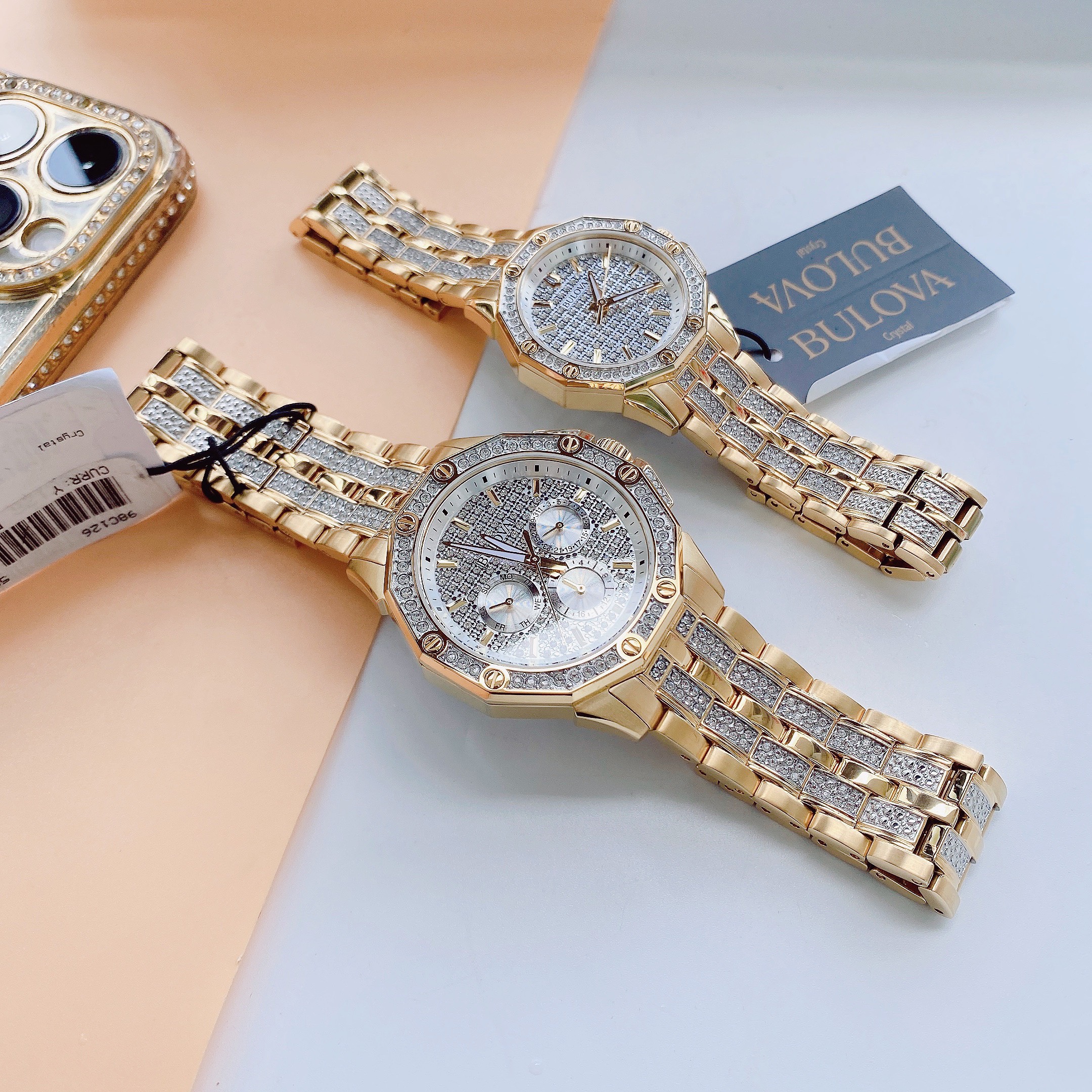 Đồng hồ Cặp đôi siêu hiếm Bulova tông gold đính full đá cực sang chảnh