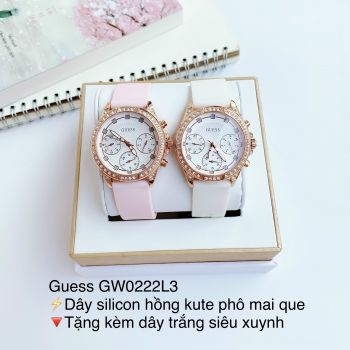 Đồng Hồ Guess GW0222L3 Gemini dây silicon hồng kute phô mai que, tặng kèm dây trắng xinh xắn
