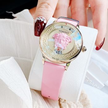 Đồng Hồ Versace Medusa Icon Gold Dial Pink Leather Ladies Watch VEZ200621 newss sang chảnh cho chị em