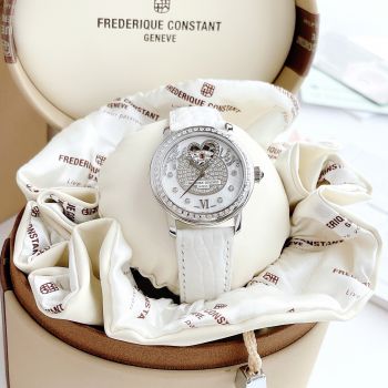 Đồng Hồ Nữ Frederique Constant  White Guilloche Heart Diamond Ladies Watch Nổi bật với dàn kim cương thật đính cùng open heart hình trái tim góc 12H