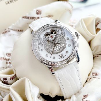 Đồng Hồ Nữ Frederique Constant  White Guilloche Heart Diamond Ladies Watch Nổi bật với dàn kim cương thật đính cùng open heart hình trái tim góc 12H