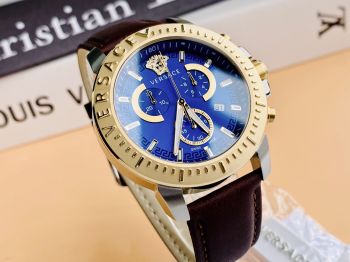 Đồng Hồ Nam Versace viền gold mặt xanh kính Sapphire chống trầy xước kết hợp chức năng thể thao Chronograph