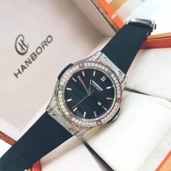 Đồng Hồ HANBORO BY HUBOLER 2023 - trắng và vàng, với viền đính đá quý lấp lánh ánh nhìn