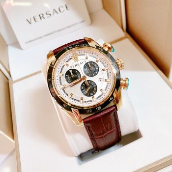 Đồng Hồ Nam VERSACE - V-RAY Mẫu hiếm Tone gold mix dây da nâu phong cách chronograph cực kỳ ngầu cho các anh em