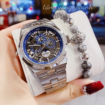 Đồng Hồ Nam Hanboro by Huboler new Máy Automatic cực đẹp, Mặt lộ cơ Skeleton độc đáo, thứ ngày tháng nổi bật