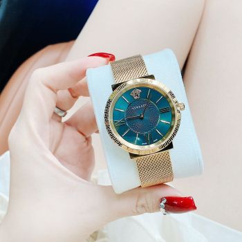Đồng Hồ Versace V-Circle Medusa mặt màu xanh vân nổi