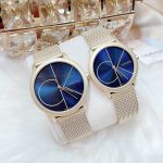 Đồng Hồ Cặp Đôi Calvin Klein K3M5255N & K3M5155N – Minimal Dây Mesh Gold, Mặt Xanh Blue, Phong Cách Tối Giản Hiện Đại