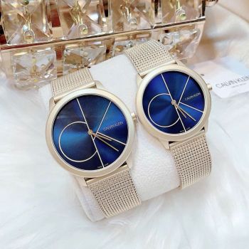 Đồng Hồ Cặp Đôi Calvin Klein K3M5255N & K3M5155N – Minimal Dây Mesh Gold, Mặt Xanh Blue, Phong Cách Tối Giản Hiện Đại