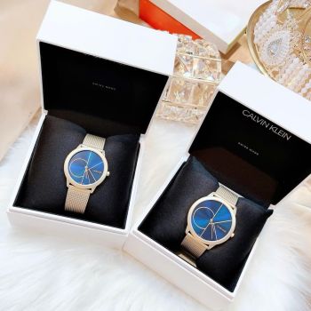 Đồng Hồ Cặp Đôi Calvin Klein K3M5255N & K3M5155N – Minimal Dây Mesh Gold, Mặt Xanh Blue, Phong Cách Tối Giản Hiện Đại