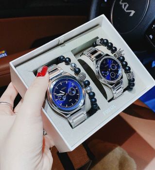 Đồng Hồ Cặp Đôi Fossil BQ2751 – Tone Silver Mặt Xanh, Thiết Kế Sang Trọng Cho Cặp Đôi