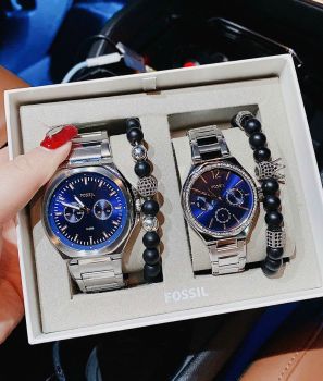 Đồng Hồ Cặp Đôi Fossil BQ2751 – Tone Silver Mặt Xanh, Thiết Kế Sang Trọng Cho Cặp Đôi