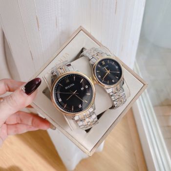 Đồng Hồ Đôi Bulova 98D160 & 98P196 – Cặp Đôi Demi Gold Mặt Đen Sang Trọng, Hiếm Gặp