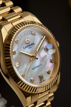 Đồng Hồ Carnival Automatic tiểu rolex style Day Date 8239G-VV-TK 38mm Mặt Khảm Trai – Dây President, Automatic Japan, Sapphire, Thép 316L