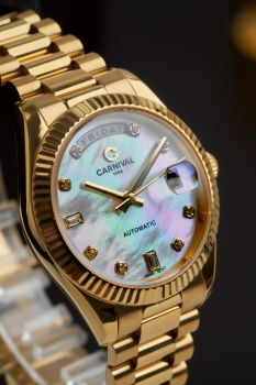 Đồng Hồ Carnival Automatic tiểu rolex style Day Date 8239G-VV-TK 38mm Mặt Khảm Trai – Dây President, Automatic Japan, Sapphire, Thép 316L