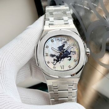 Đồng hồ Carnival 8160G Ngựa mặt vân xà cừ – Phiên bản thép trắng giới hạn Tết Bính Ngọ 2026 dây thép